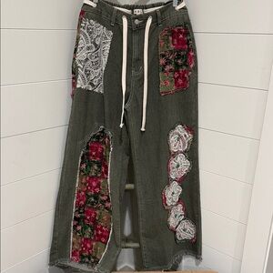 NEW POL 48hr : “The Emmy”Emerald Olive Patchwork Jeans with Drawstring Waist